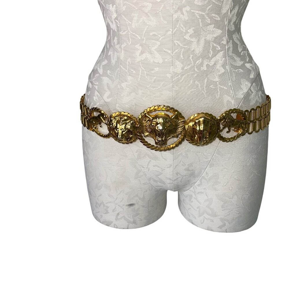 Vintage Womens Chain Belt One Size Metal Tiger Lion Elephant Head Waist Hip Rare